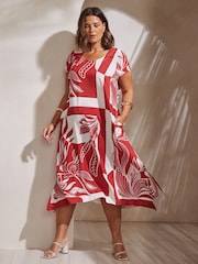 Live Unlimited Red Abstract Leaf Print Hanky Hem Midi Dress - Image 1 of 4