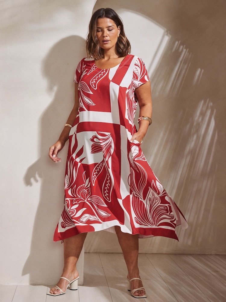 Live Unlimited Red Abstract Leaf Print Hanky Hem Midi Dress - Image 1 of 4
