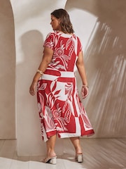 Live Unlimited Red Abstract Leaf Print Hanky Hem Midi Dress - Image 2 of 4