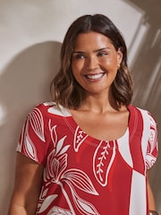 Live Unlimited Red Abstract Leaf Print Hanky Hem Midi Dress - Image 3 of 4