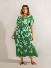 Live Unlimited Green Petite Floral Print Short Sleeve Lace Up Dress - Image 2 of 6