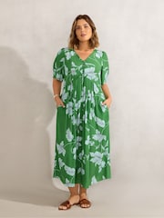 Live Unlimited Green Floral Print Short Sleeve Lace Up Dress - Image 1 of 6