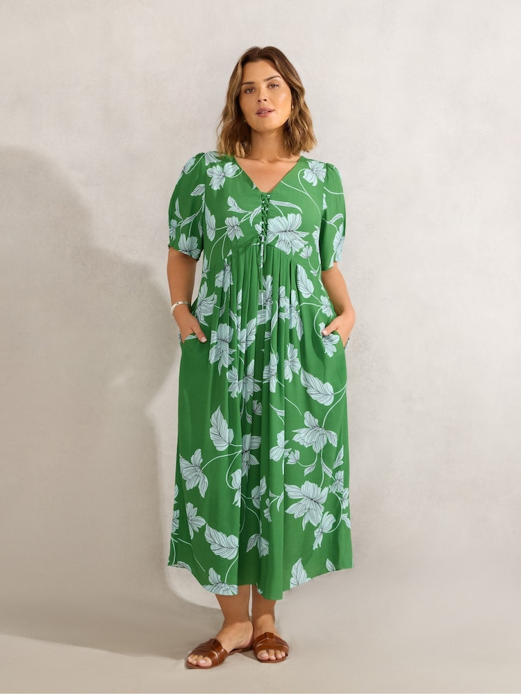 Live Unlimited Green Floral Print Short Sleeve Lace Up Dress - Image 1 of 6