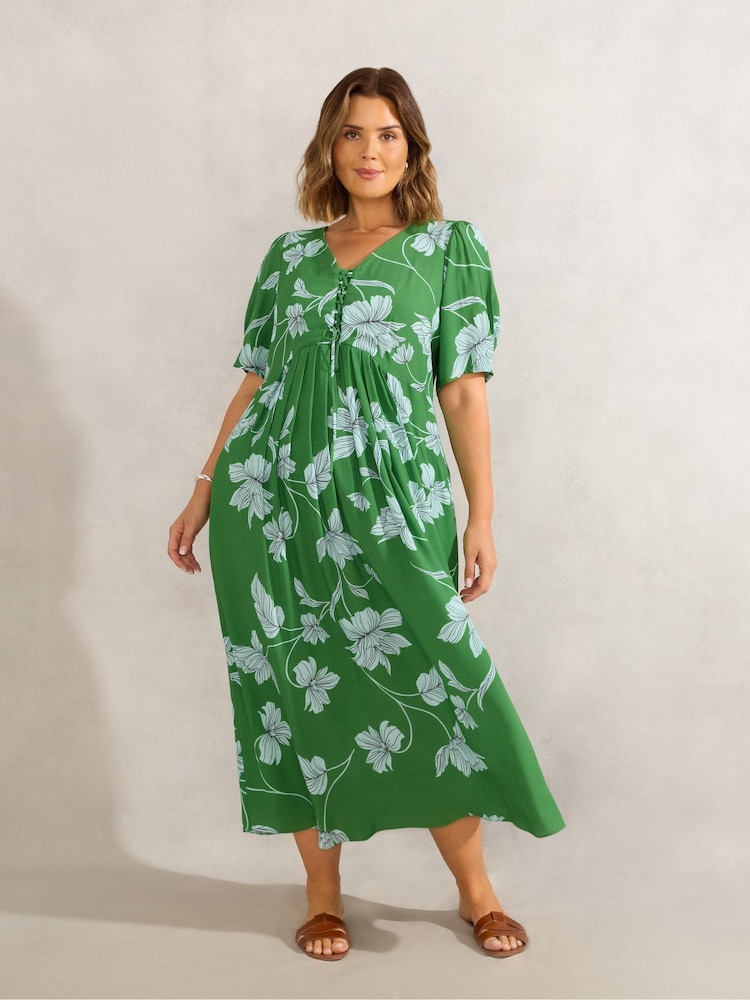 Live Unlimited Green Floral Print Short Sleeve Lace Up Dress - Image 2 of 6