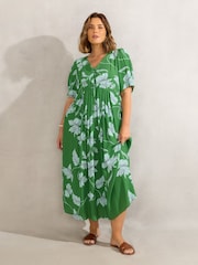 Live Unlimited Green Floral Print Short Sleeve Lace Up Dress - Image 3 of 6
