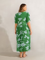 Live Unlimited Green Floral Print Short Sleeve Lace Up Dress - Image 6 of 6