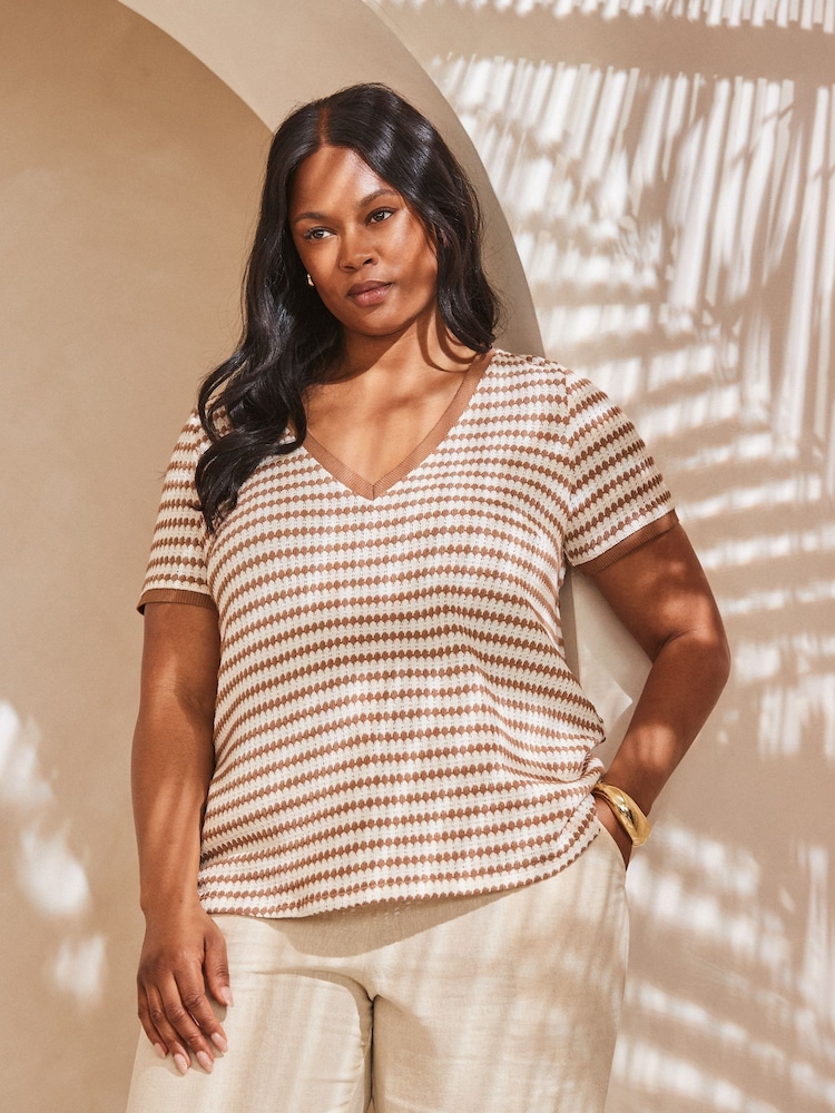 Live Unlimited Grey Contrast Stripe Crochet Top with Rib Trim - Image 3 of 3 Live Unlimited Grey Contrast Stripe Crochet Top with Rib Trim - Image 3 of 3