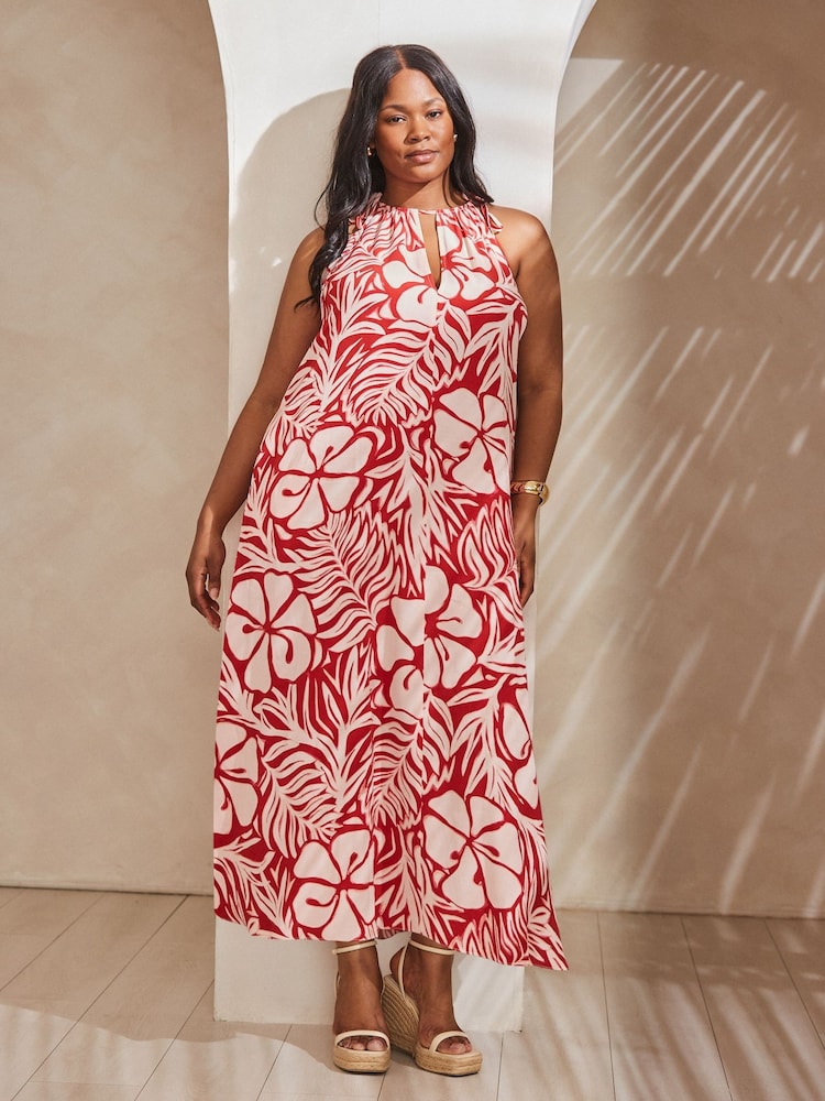 Live Unlimited Red Floral Print Halter Neck Maxi Dress - Image 1 of 4