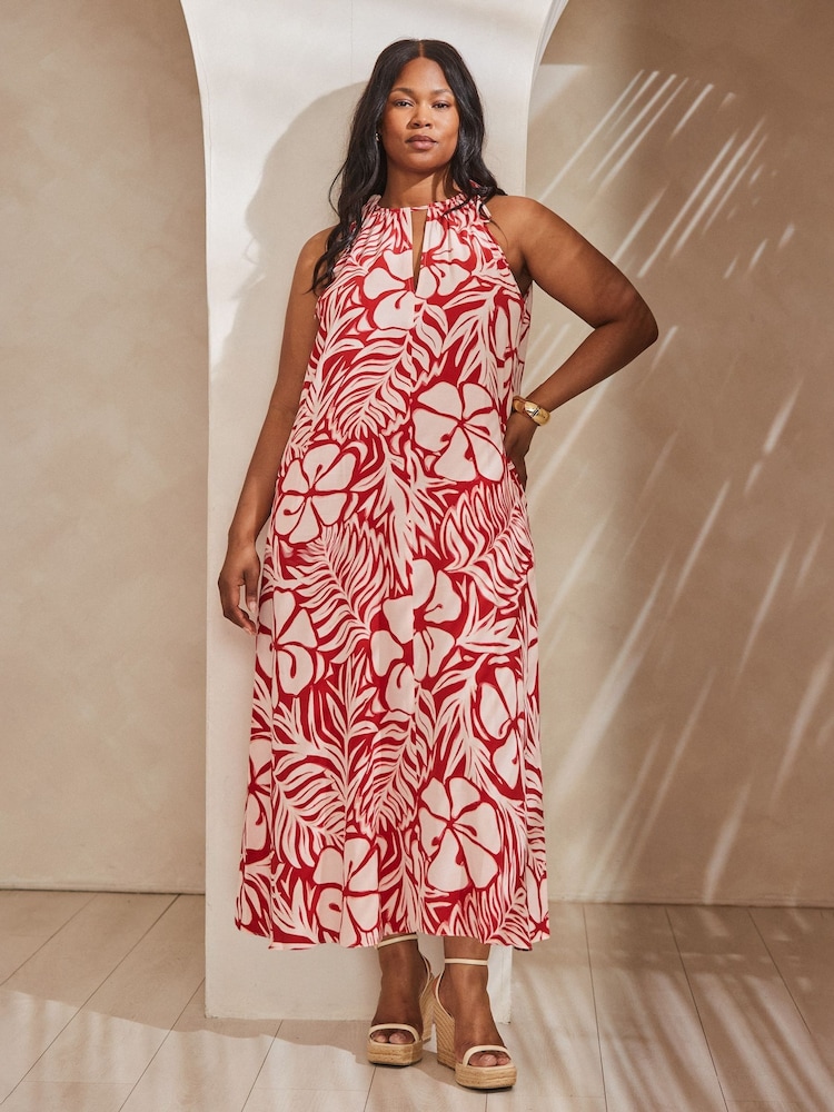 Live Unlimited Red Floral Print Halter Neck Maxi Dress - Image 2 of 4