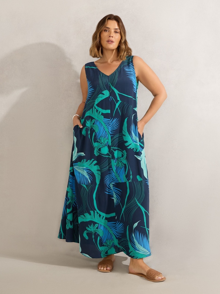 Live Unlimited Abstract Leaf Print V-Neck Maxi Swing Dress - Bild 4 von 4