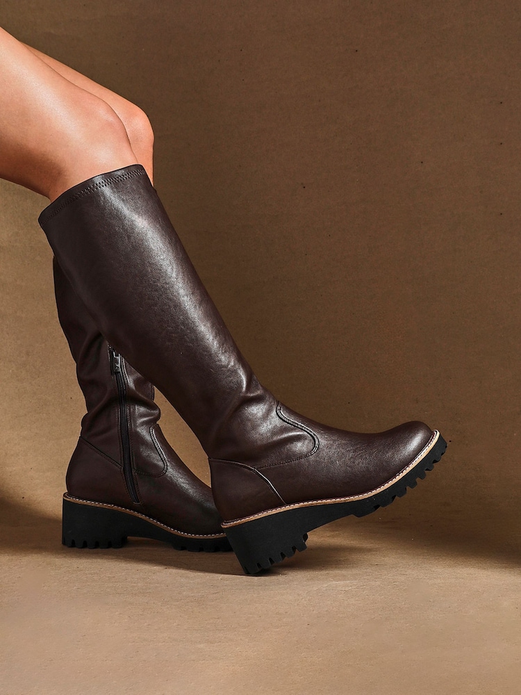 Linzi Light Brown Wide Fit Maintain Stretch High Leg Wedge Boots - Image 2 of 6 Linzi Light Brown Wide Fit Maintain Stretch High Leg Wedge Boots - Image 2 of 6