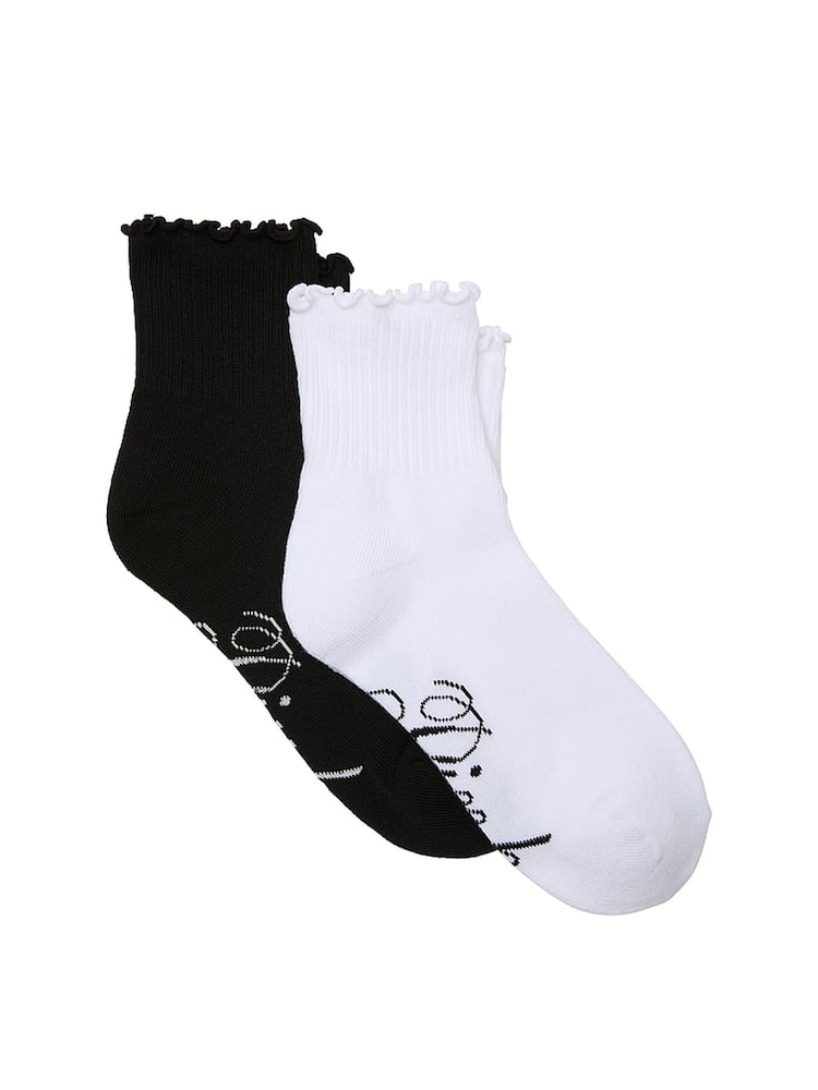 Victoria's Secret PINK Black/White Ruffle Quarter Socks 2 Pack - Image 1 of 3