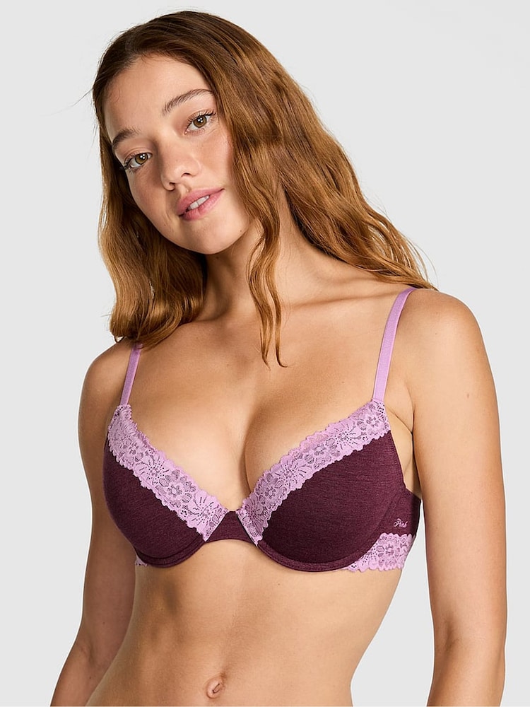 Victoria's Secret PINK Burgandy Red Push Up Cotton Heather Lace Trim Bra - Image 1 of 3