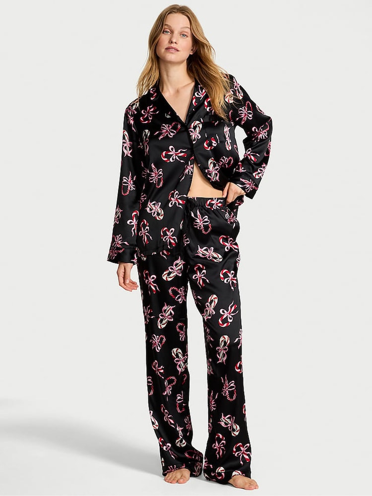 Victoria's Secret Black & Pink Candy Canes Satin Long Pyjamas Set - Image 1 of 4 Victoria's Secret Black & Pink Candy Canes Satin Long Pyjamas Set - Image 1 of 4