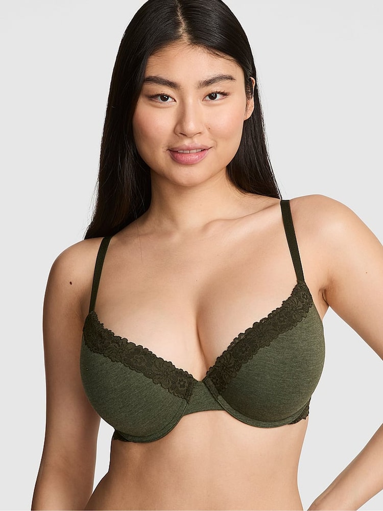 Victoria's Secret PINK Forest Green Push Up Cotton Heather Lace Trim Bra - Image 1 of 3