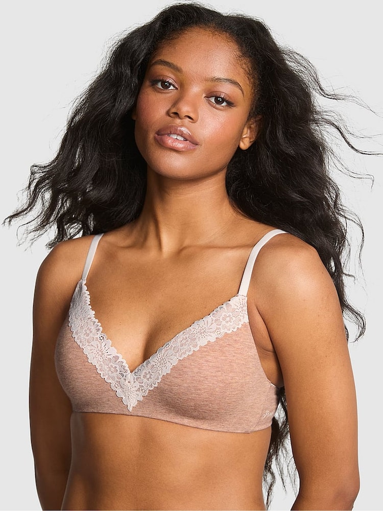 Victoria's Secret PINK Praline Nude Non Wired Lightly Lined Cotton Heather Lace Trim Bra - Image 1 of 2