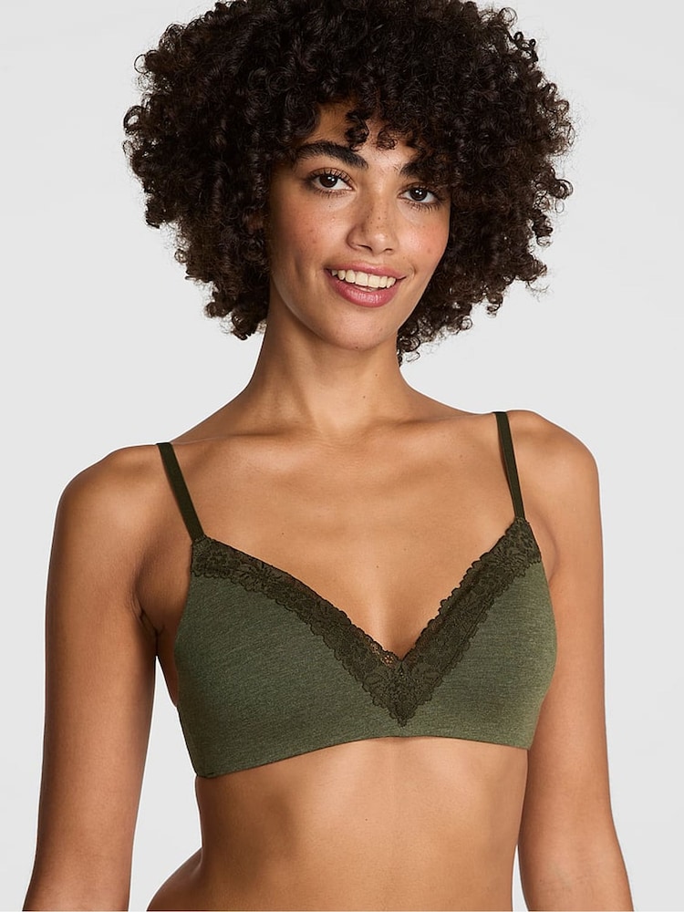 Victoria's Secret PINK Forest Green Non Wired Lightly Lined Cotton Heather Lace Trim Bra - Image 1 of 1