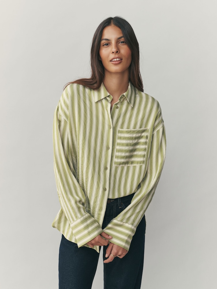 Green/White Jacquard Stripe Oversized Long Sleeve Shirt - Image 1 of 12 Green/White Jacquard Stripe Oversized Long Sleeve Shirt - Image 1 of 12