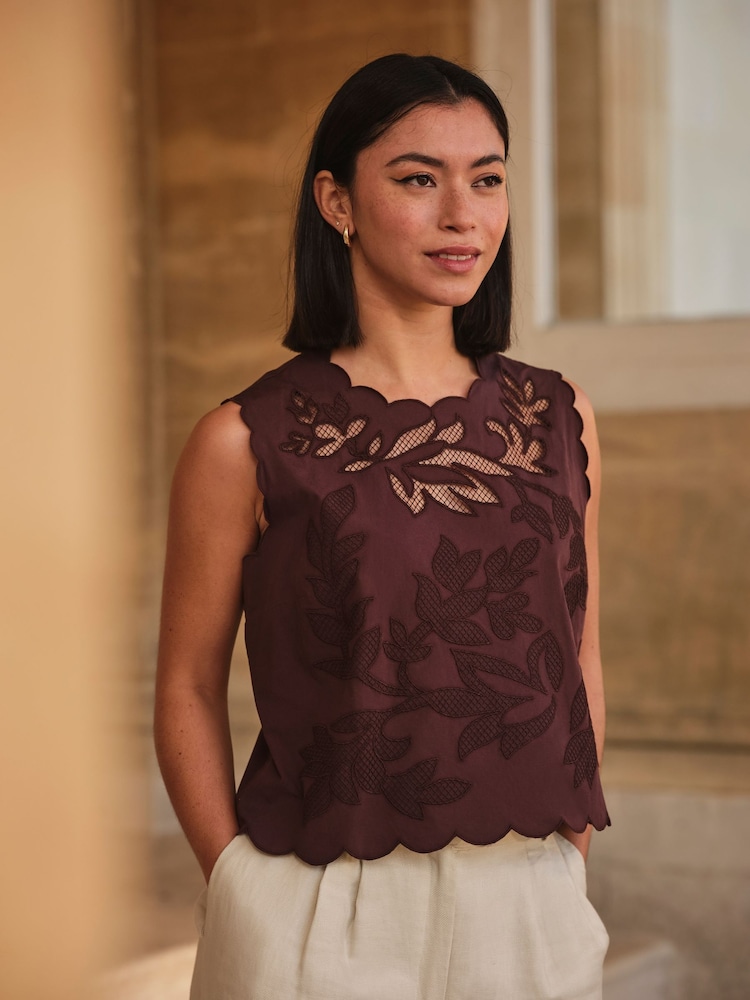FatFace Meg Chocolate Brown Cutwork Shell Top - Image 1 of 5