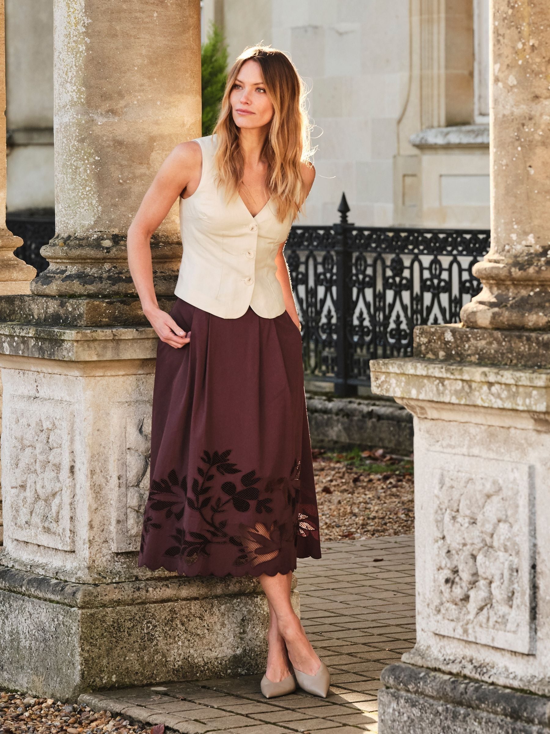 Buy FatFace Fiona Chocolate Brown Cutwork Midi Skirt from the Next