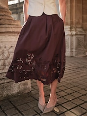 FatFace Fiona Chocolate Brown Cutwork Midi Skirt - Image 1 of 5