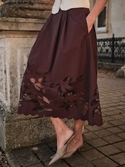 FatFace Fiona Chocolate Brown Cutwork Midi Skirt - Image 2 of 5