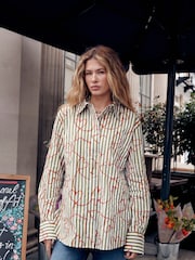 Red Heart Embroidered Green Stripe Oversized Boyfriend Long Sleeve Shirt - Image 3 of 8