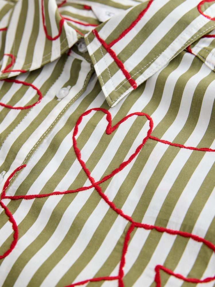 Red Heart Embroidered Green Stripe Oversized Boyfriend Long Sleeve Shirt - Image 8 of 8