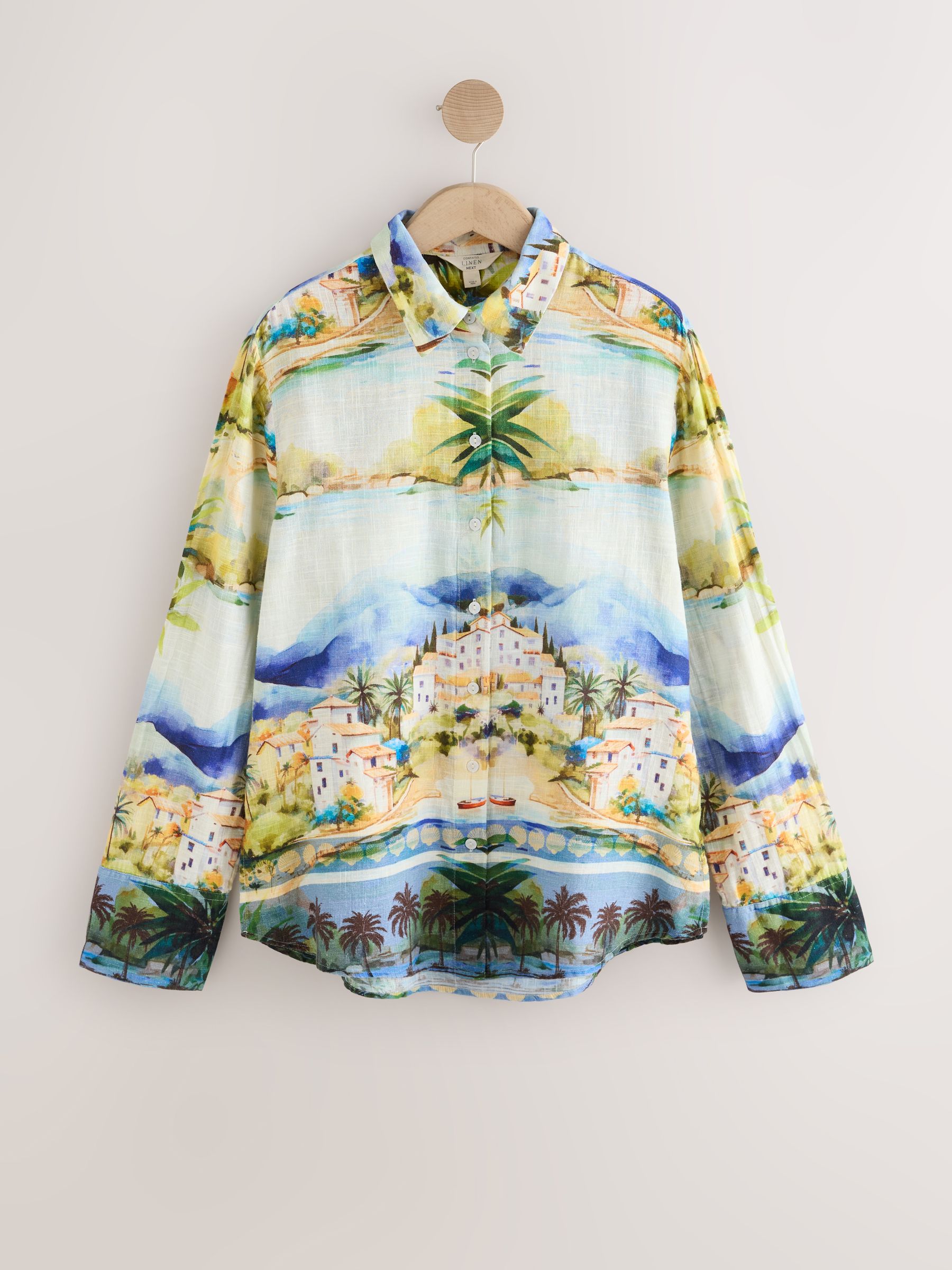 Buy Blue/Ecru Landscape Print Relaxed Long Sleeve Shirt With Linen