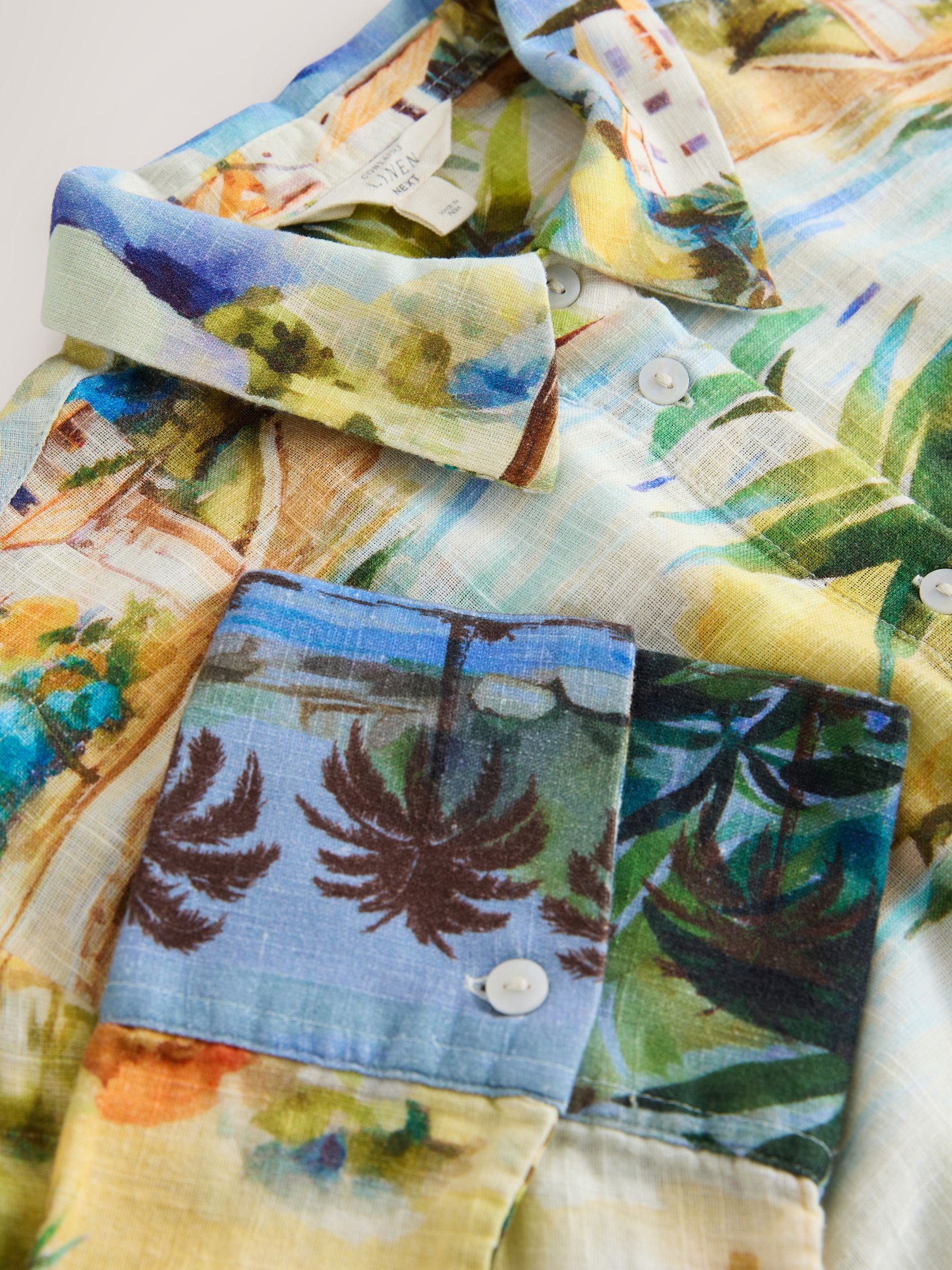 Buy Blue/Ecru Landscape Print Relaxed Long Sleeve Shirt With Linen