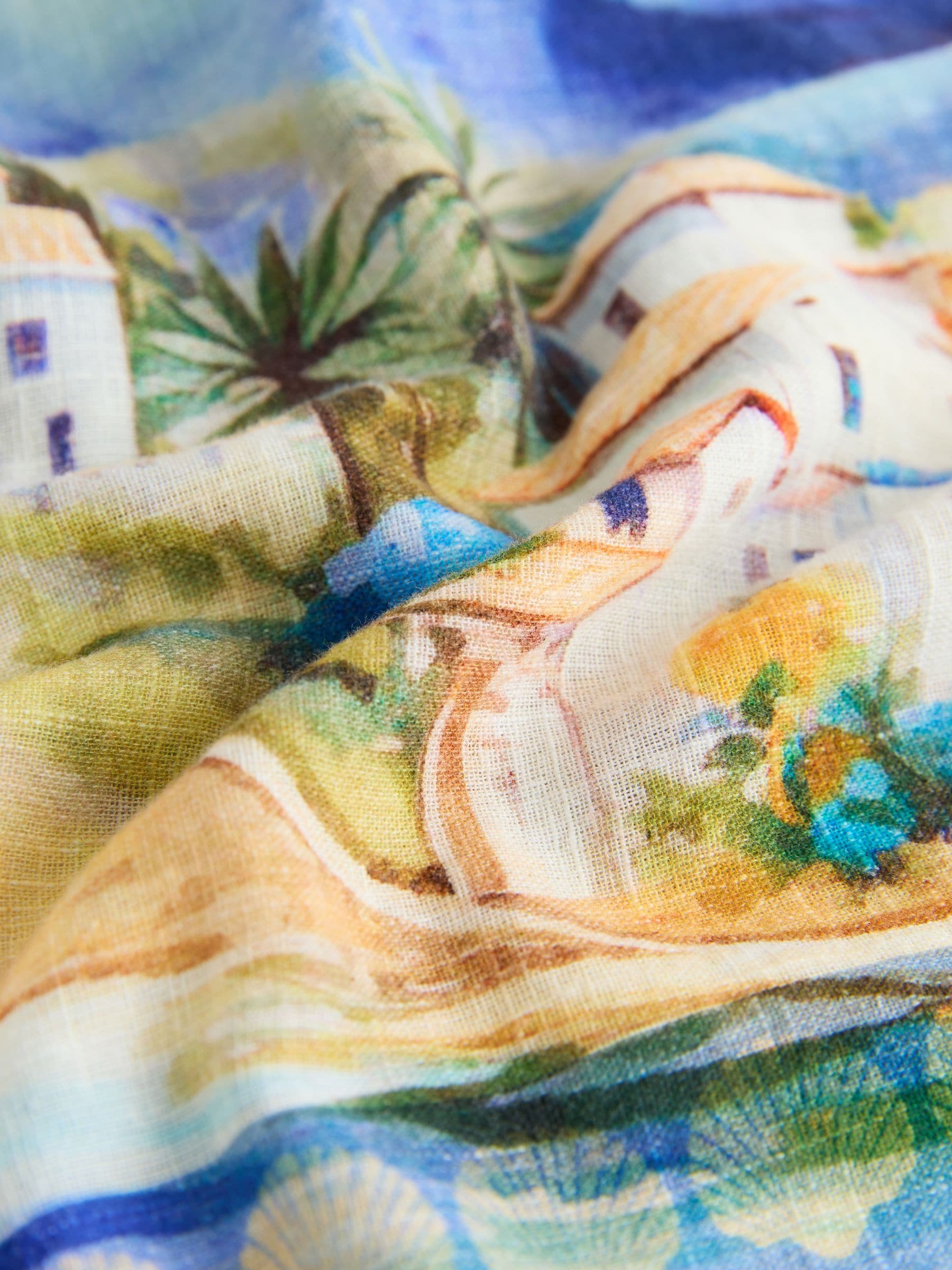 Buy Blue/Ecru Landscape Print Relaxed Long Sleeve Shirt With Linen