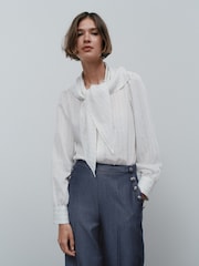 Ecru Pinstripe Stripe Long Sleeve Blouse with Neck Scarf Detail - Image 1 of 9