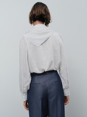 Ecru Pinstripe Stripe Long Sleeve Blouse with Neck Scarf Detail - Image 2 of 9