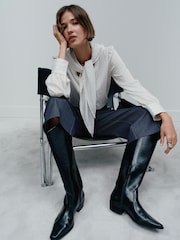 Ecru Pinstripe Stripe Long Sleeve Blouse with Neck Scarf Detail - Image 3 of 9