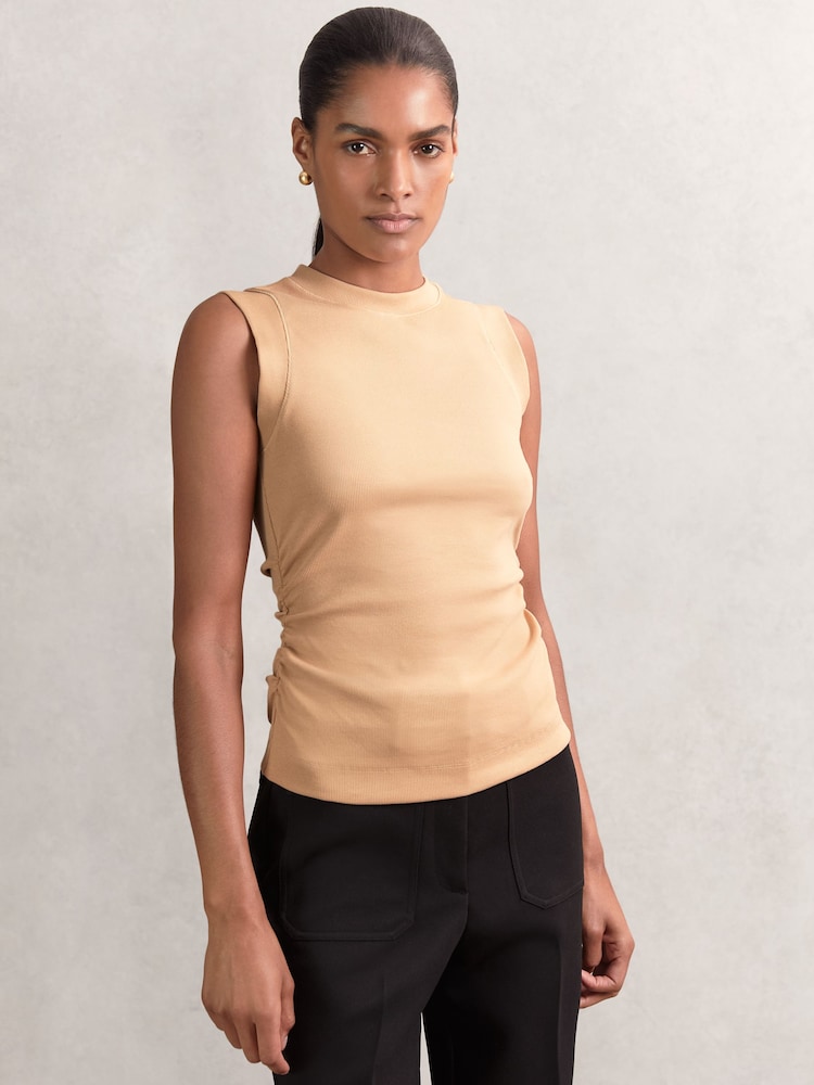 Reiss Camel Trudy Fine-Rib Ruched Vest Top - Image 1 of 6 Reiss Camel Trudy Fine-Rib Ruched Vest Top - Image 1 of 6