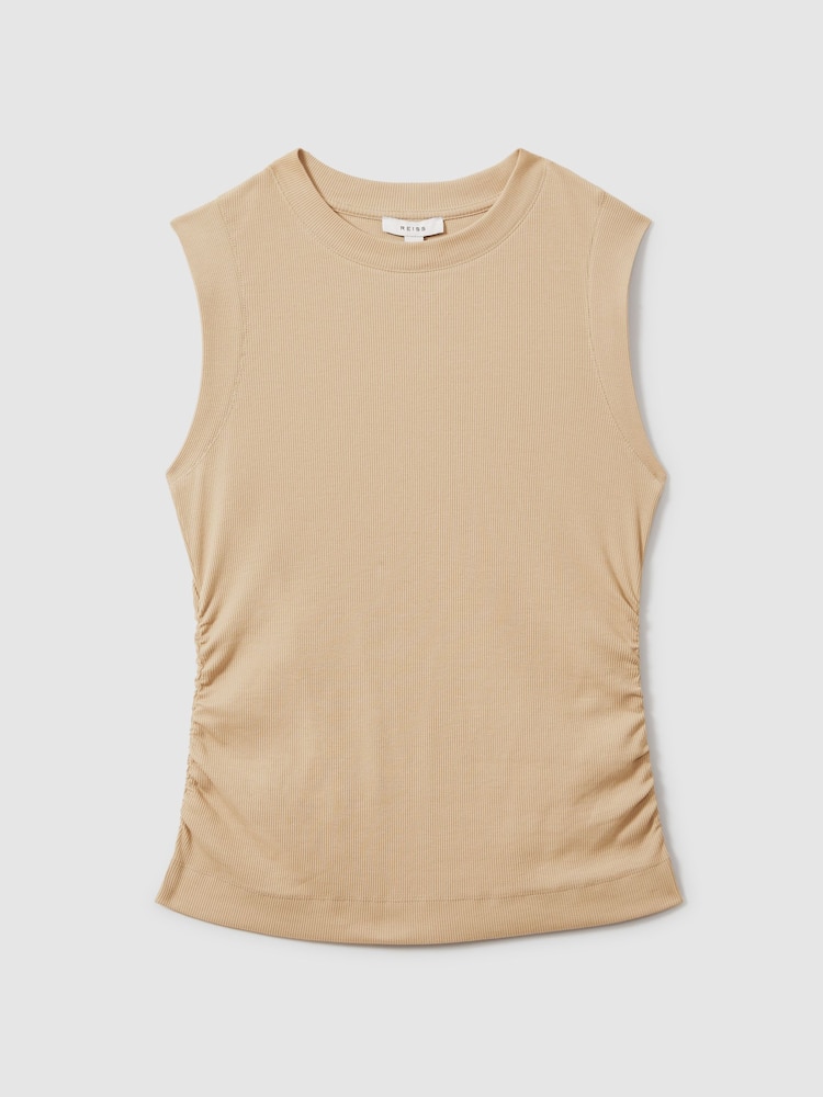 Reiss Camel Trudy Fine-Rib Ruched Vest Top - Image 2 of 6 Reiss Camel Trudy Fine-Rib Ruched Vest Top - Image 2 of 6
