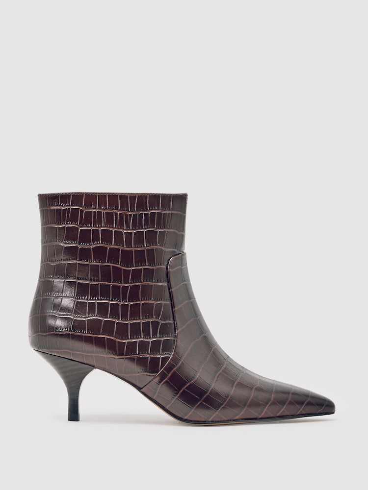 Reiss Burgundy Pippa Leather Crocodile-Effect Ankle Boots - Image 1 of 4