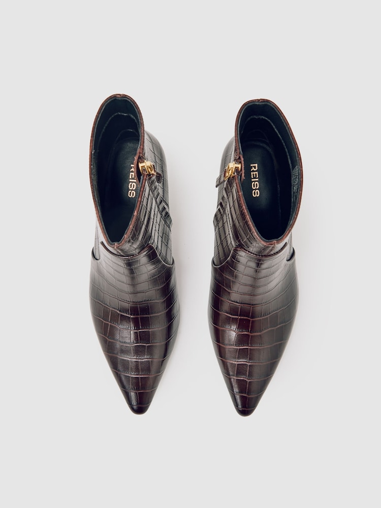 Reiss Burgundy Pippa Leather Crocodile-Effect Ankle Boots - Image 2 of 4
