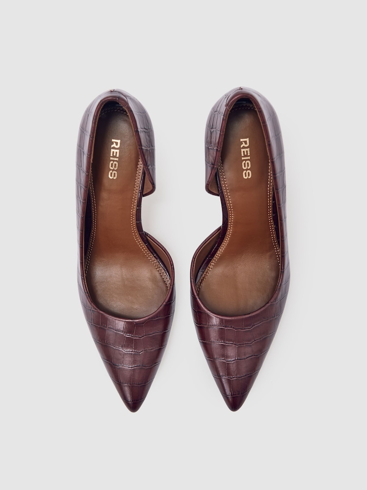 Reiss Burgundy Layla Leather Crocodile-Effect Court Shoes - Image 2 of 4