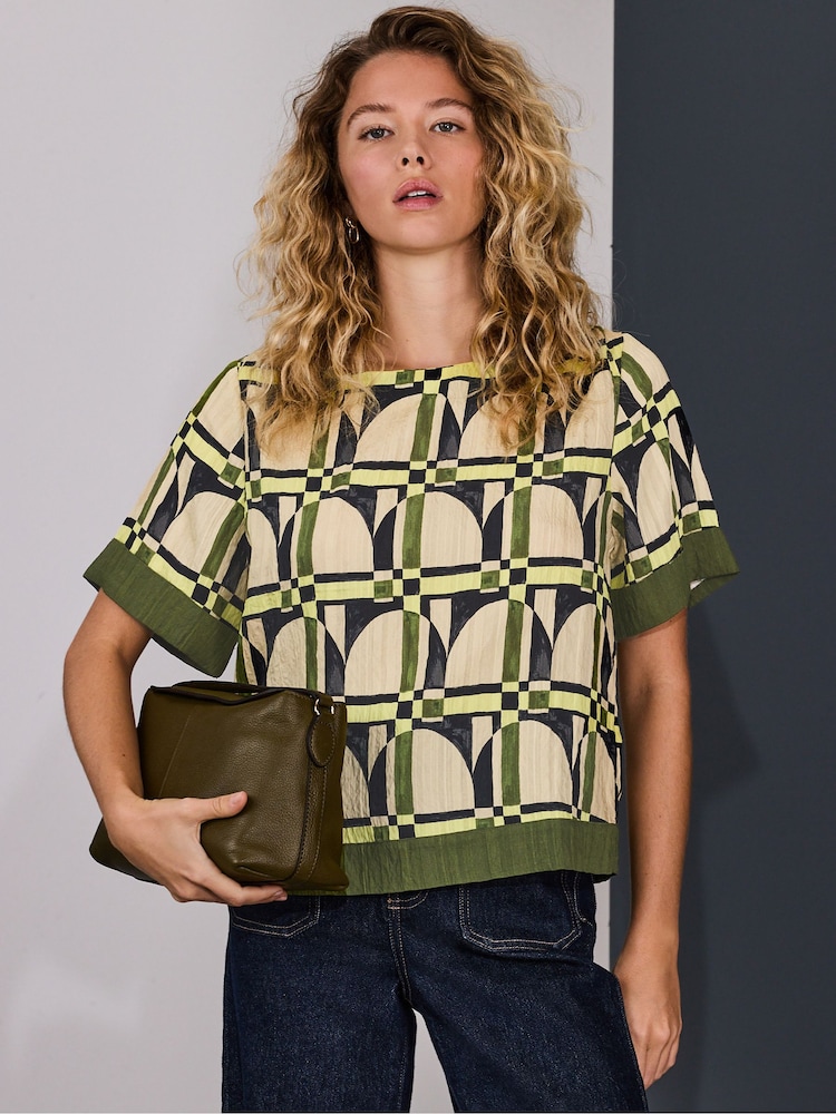 Green/Yellow Geometric Border Print Short Sleeve Boxy Top - Image 1 of 7