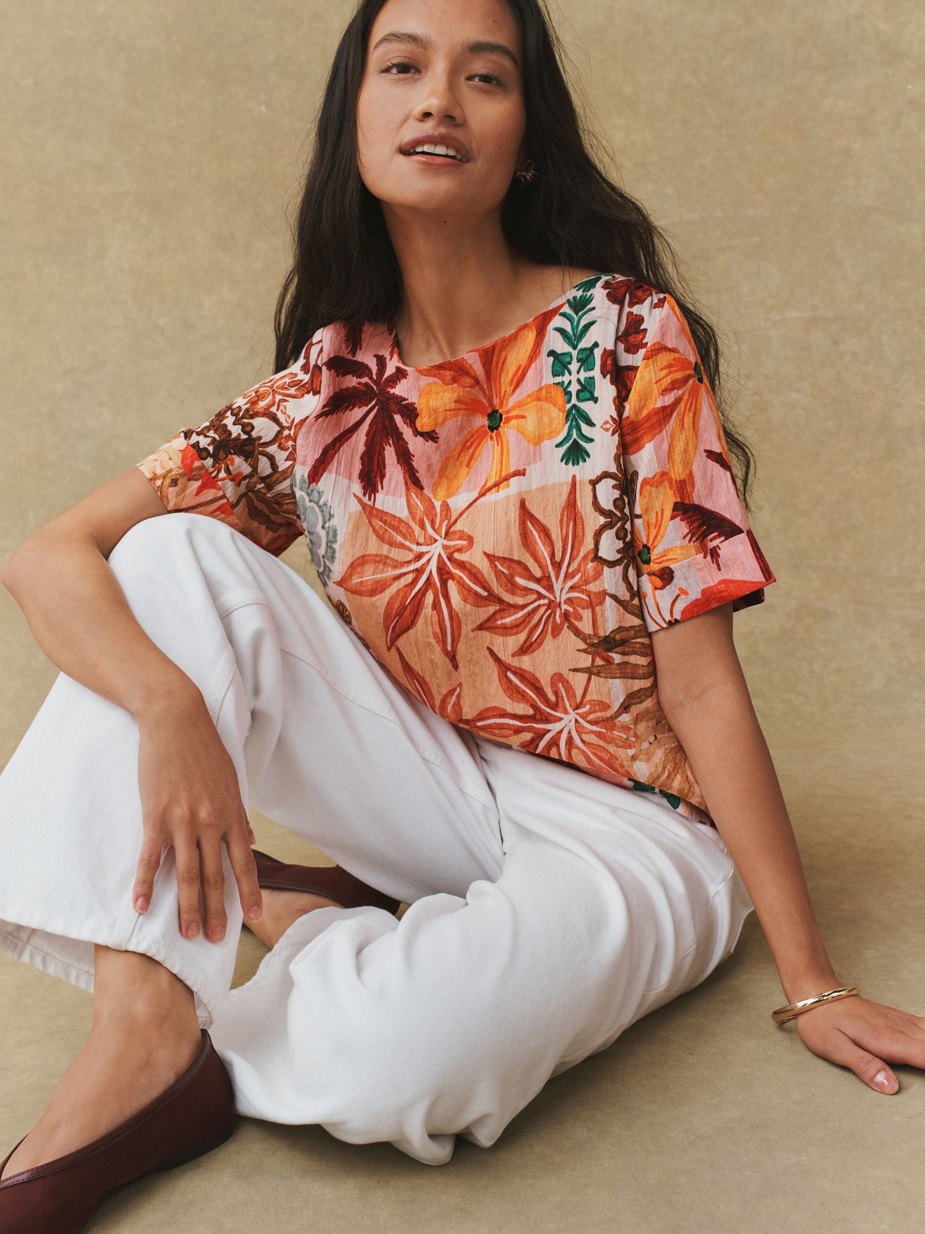 トップス Goo Buy Orange Palm Print Short Sleeve Boxy Top from Next USA