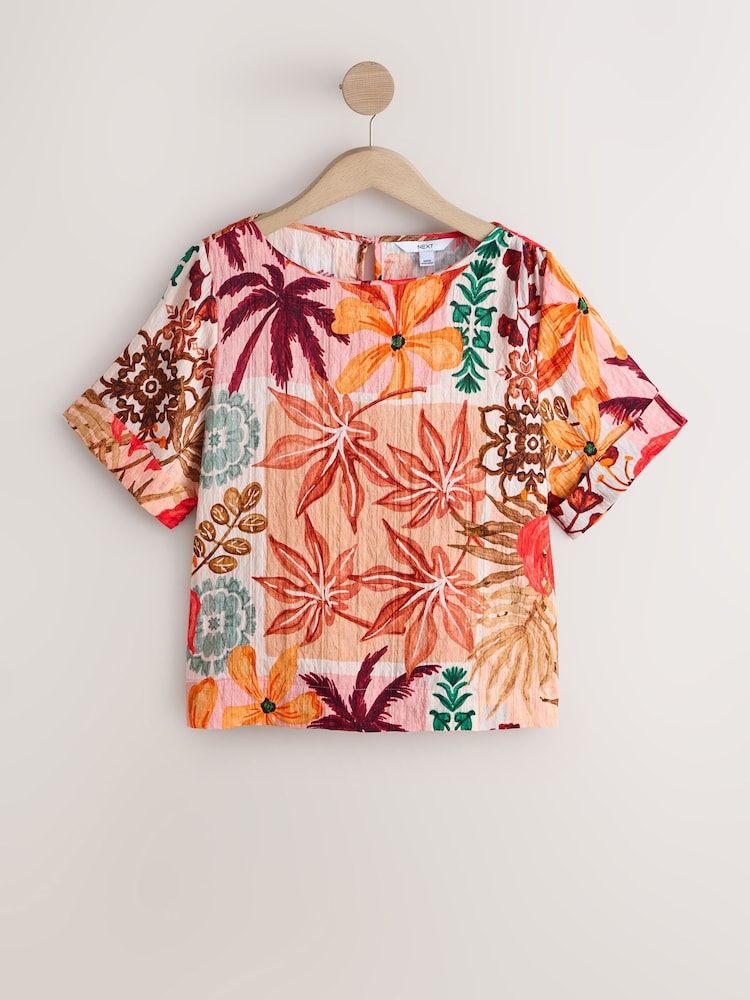 Orange Palm Print Short Sleeve Boxy Top - Image 1 of 3