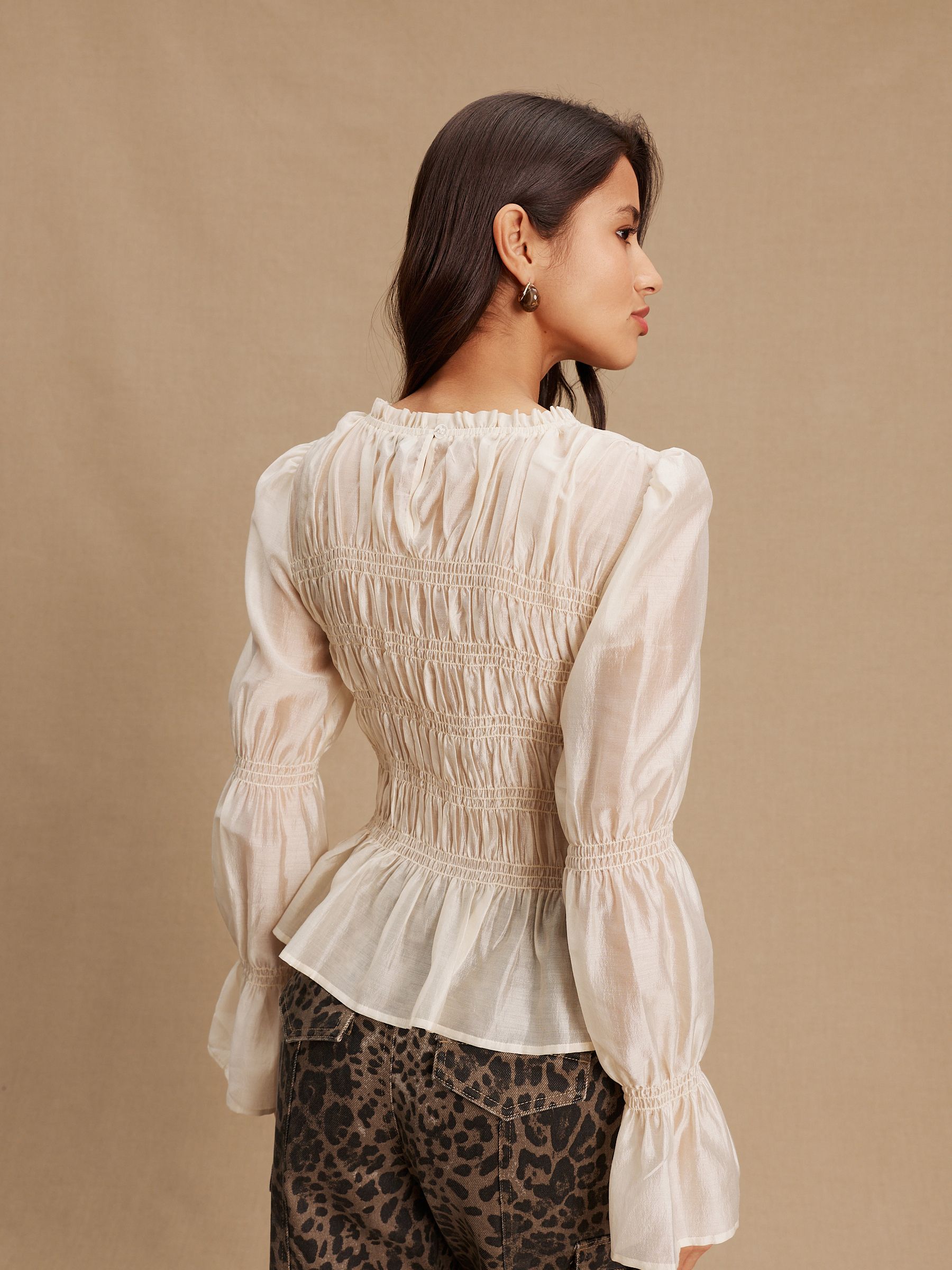 Buy Ecru Sheer Smocked Long Sleeve Top from Next USA