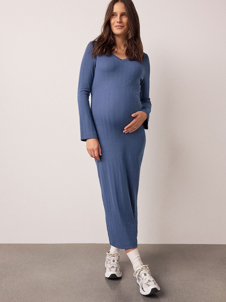 Light Blue Maternity Tie Back Ribbed Dress - Image 2 of 9