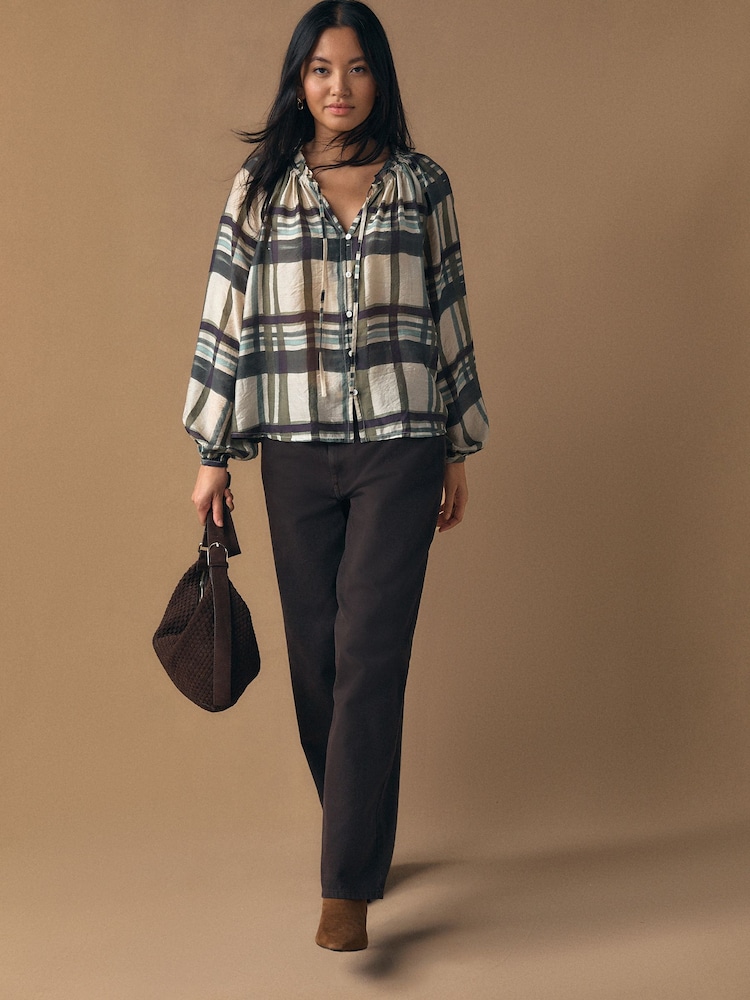 Green/Cream Check - Button Front Long Sleeve Blouse - תמונה 2 מתוך 5 Green/Cream Check - Button Front Long Sleeve Blouse - תמונה 2 מתוך 5