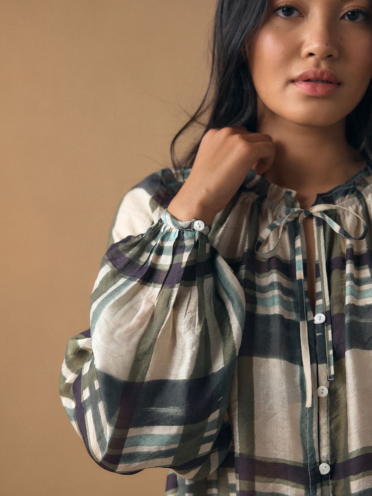 Green/Cream Check - Button Front Long Sleeve Blouse - תמונה 5 מתוך 5 Green/Cream Check - Button Front Long Sleeve Blouse - תמונה 5 מתוך 5