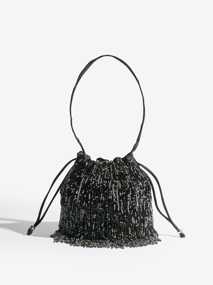 Lipsy Black Beaded Fringe Satin Shoulder Bag - Image 1 of 6
