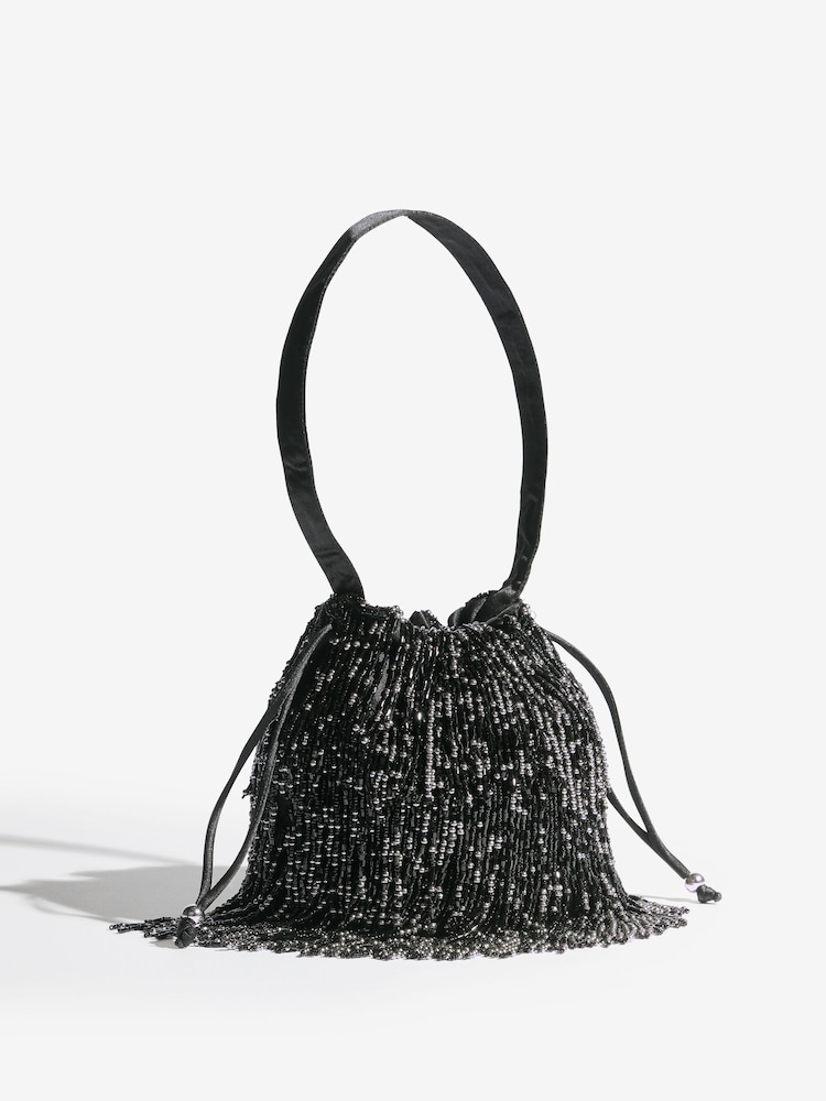 Lipsy Black Beaded Fringe Satin Shoulder Bag - Image 2 of 6
