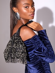 Lipsy Black Beaded Fringe Satin Shoulder Bag - Image 6 of 6