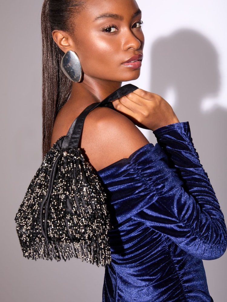 Lipsy Black Beaded Fringe Satin Shoulder Bag - Image 6 of 6